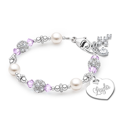 Birthstone, Baby/Children&#039;s Beaded Bracelet for Girls (INCLUDES Engraved Charm, All 12 Birthstones Avail) - Sterling Silver