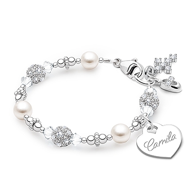 Birthstone Bracelet for Girls Christening/Baptism with Engraved Heart