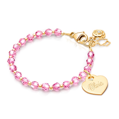 Birthstone Crystal, Baby/Children’s Beaded Bracelet for Girls (Includes Engraved Charm, All 12 Birthstones Avail) - 14K Gold