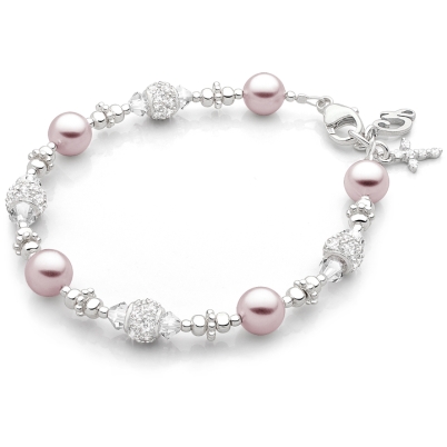 June or April, Birthstone Bead Bracelet in Sterling Silver Pink Pearls and Clear Swarovski Crystals