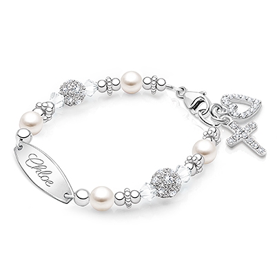 Birthstone Bracelet for Girls Christening/Baptism With Name Engraving