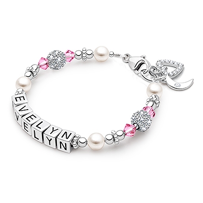 Birthstone, Baby/Children&#039;s Name Bracelet for Girls (All 12 Birthstones Avail) - Sterling Silver