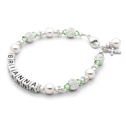 Birthstone Bracelet with Name, Sterling Silver &amp; Pearls for Teen Girls