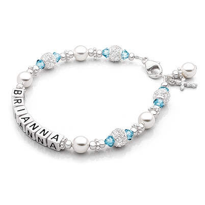 Birthstone, First Holy Communion Name Bracelet for Girls - Sterling Silver
