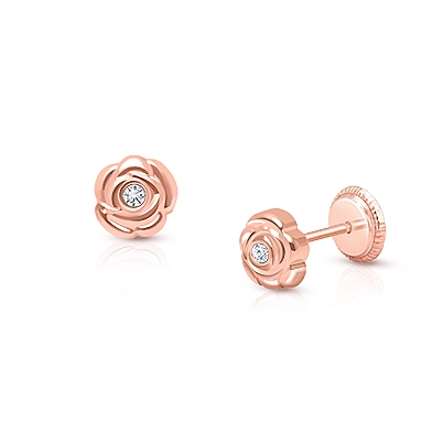 Blushing Rose, Clear CZ Studs Teen's Earrings, Screw Back - 14K Rose Gold
