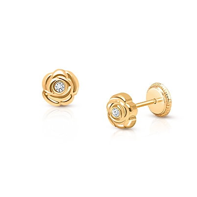 Blushing Rose, Clear CZ Studs Teen's Earrings, Screw Back - 14K Gold