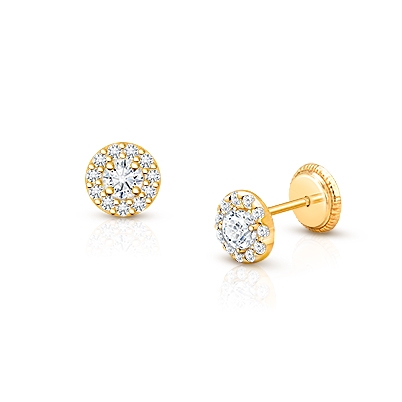 Brilliant Halo, Clear CZ Christening/Baptism Baby/Children’s Earrings, Screw Back - 14K Gold