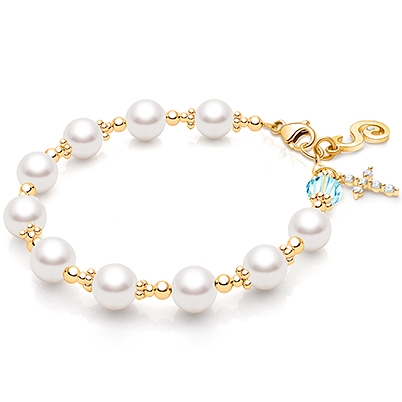 Celestial Pearls Bracelet 14K Solid Gold with Our Father Bead for Girls First Holy Communion