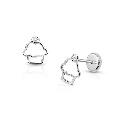 Cupcake Cutie, Clear CZ Baby/Children's Earrings, Screw Back - 14K White Gold