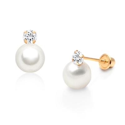 6mm Pearl Drop with Small CZ, Baby/Children&#039;s Earrings, Screw Back - 14K Gold