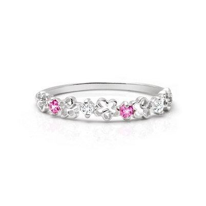 Dainty Flowers, Dark Pink &amp; Clear CZ, Children&#039;s Ring for Girls - Sterling Silver 