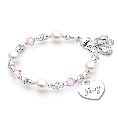 Diamonds &amp; Pearls, Baby/Children&#039;s Beaded Bracelet for Girls (INCLUDES Engraved Charm) - Sterling Silver