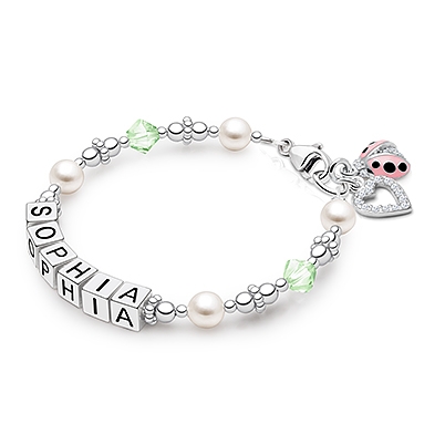 Diamonds &amp; Pearls, Baby/Children&#039;s Name Bracelet for Girls - Sterling Silver