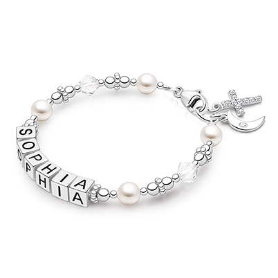 Diamonds and Pearls Bracelet with Religious Cross Charm and Personalized Name Blocks