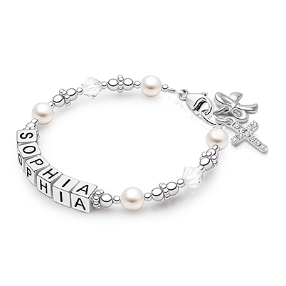 Bracelet for Girls Communion with Pearls and Diamonds and Made Just for Her with Name Spelled in Letter Blocks