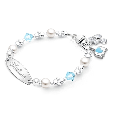 Diamonds &amp; Pearls, Baby/Childrens Engraved Bracelet for Girls - Sterling Silver