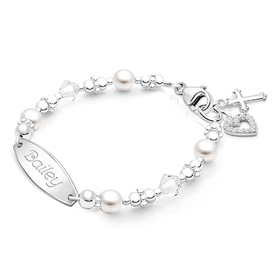 Diamonds and Pearls Bracelet with Religious Cross Charm and Personalized Engraved Name