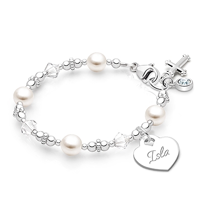 Diamonds and Pearls Bracelet with Religious Cross Charm and Personalized Engraved Heart