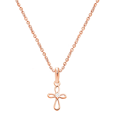  Elegant Cross - Tiny, Clear CZ Children&#039;s Necklace (Includes Chain) - 14K Rose Gold