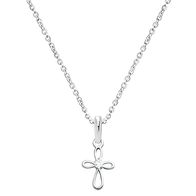 Elegant Cross - Tiny, Clear CZ Children&#039;s Necklace (Includes Chain) - 14K White Gold