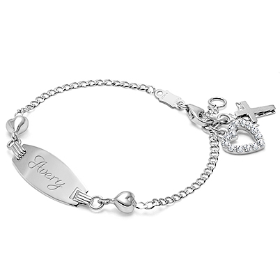 Personalized White Gold Name Bracelet with Hearts for Girls