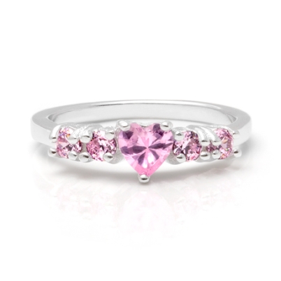 Heart Five Stone, Pink CZ Ring - Sterling Silver