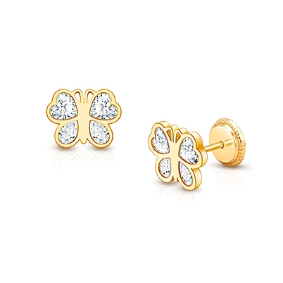 Lovely Butterfly, Clear CZ Baby/Children's Earrings, Screw Back - 14K Gold