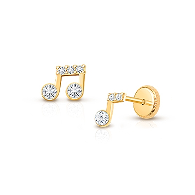 Magical Music Notes, Clear CZ Teen's Earrings, Screw Back - 14K Gold