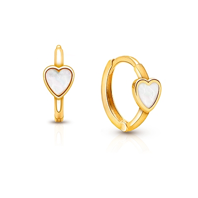 Genuine Heart, Mother of Pearl Baby/Children&#039;s Huggie Hoop Earrings - 14K Gold