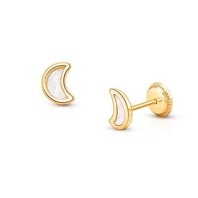 Gia™ Genuine Dream, Mother of Pearl Moon Baby/Children's Earrings, Screw Back - 14K Gold