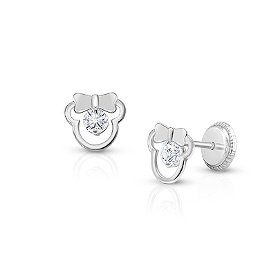 Girl Mouse with Bow, Baby/Children's Earrings, Screw Back, Clear CZ - 14K White Gold