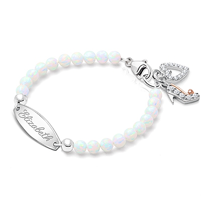 4mm Opals, Lab Created White Opal Baby/Children&#039;s Engraved Bracelet for Girls - Sterling Silver