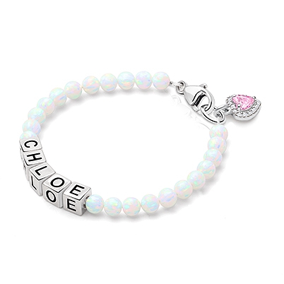 4mm Opals, Lab Created White Opal Baby/Children&#039;s Name Bracelet for Girls - Sterling Silver