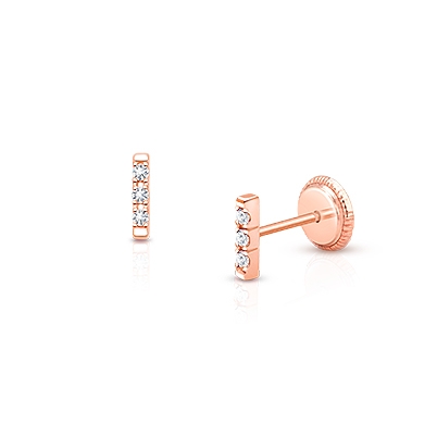 Pavé Bar, Clear CZ Teen's Earrings, Screw Back - 14K Rose Gold