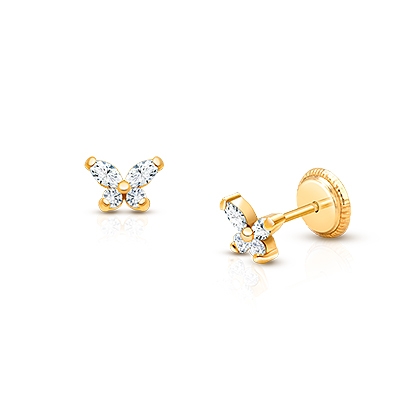 Baby Butterfly, Clear CZ Baby/Children's Earrings, Screw Back - 14K Gold