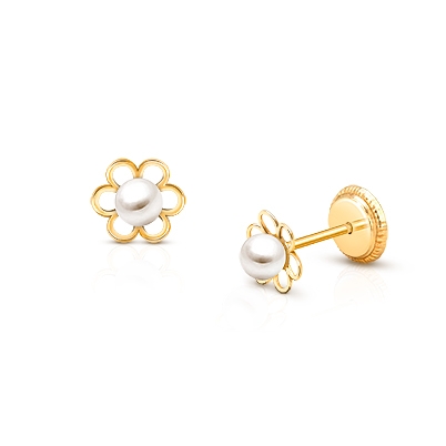 Petals and Pearls, Baby/Children's Earrings, Screw Back - 14K Gold