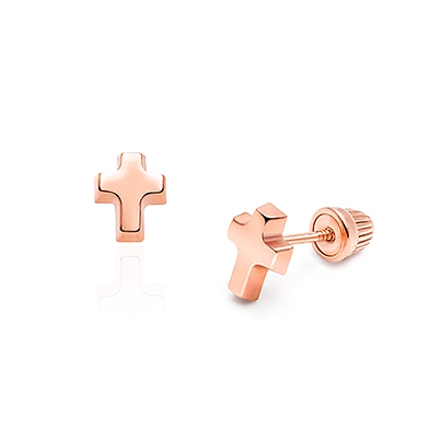 Simple Cross Baby/Children&#039;s Earrings, Screw Back - 14K Rose Gold