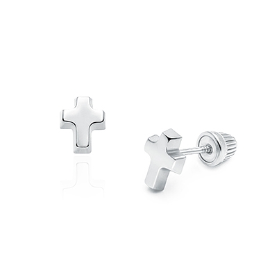 Simple Cross Baby/Children&#039;s Earrings, Screw Back - 14K White Gold