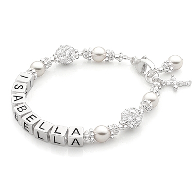 Princess Cross Christening / Baptism Name Bracelet White Pearls