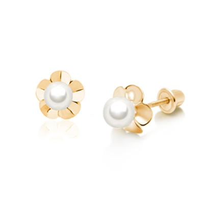 Ruffled Petals with Pearl Baby/Children&#039;s Earrings, Screw Back - 14K Gold