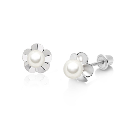 Ruffled Petals with Pearl Baby/Children&#039;s Earrings, Screw Back - 14K White Gold