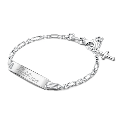 Modern Bar, Christening/Baptism Baby/Children&#039;s Engraved ID Bracelet for Girls - Sterling Silver