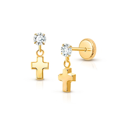Simple Cross Dangle, Clear CZ Teen's Earrings, Screw Back - 14K Gold