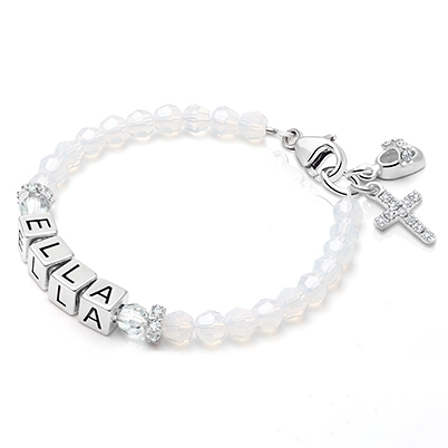 Tiny Blessings Signature Crystal White Opal Name Bracelet for Girls Christening/Baptism