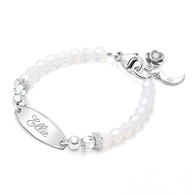 tB® Signature Crystal™ White Opal Baby/Children’s Engraved Bracelet for Girls - Sterling Silver