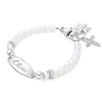 Tiny Blessings Signature Crystal White Opal Name Plaque Bracelet for Girls Christening/Baptism