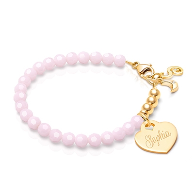 Tiny Blessings Signature Crystal Sweet Pink Engraved Heart Bracelet for Teen Girls made from Solid 14K Gold