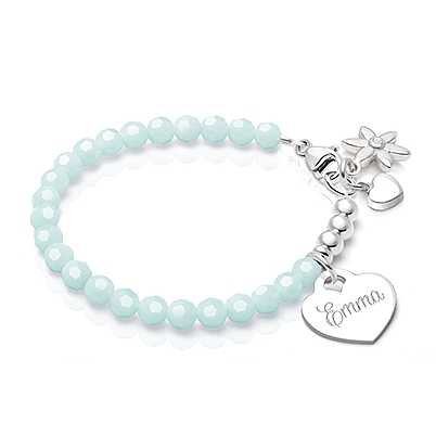 Tiny Blessings Signature Crystal Trademark Blue Engraved Heart Name Bracelet for Teen Girls made from Solid Sterling Silver