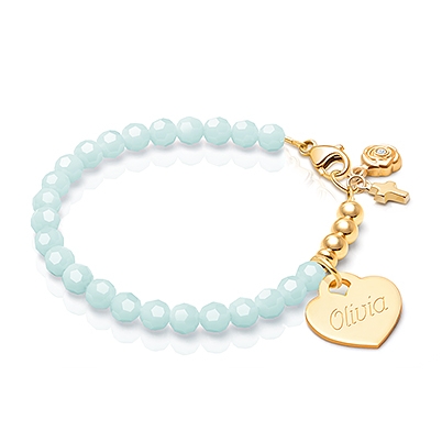 Tiny Blessings Signature Crystal Trademark Blue Engraved Heart Bracelet for Teen Girls made from Solid 14K Gold