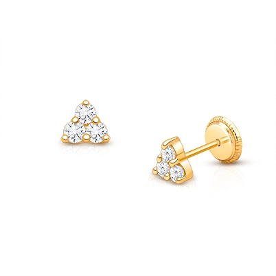 Tiny Trinity, Clear CZ Cluster, Christening/Baptism Baby/Children&#039;s Earrings, Screw Back - 14K Gold